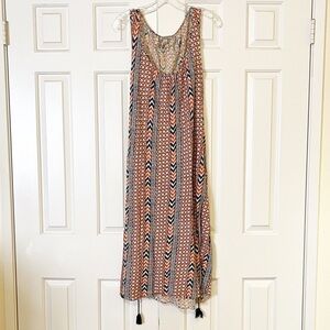 Lucky Brand Maxi scoop neck Aztec bohemian sleeveless dress w/ belt tassels. L